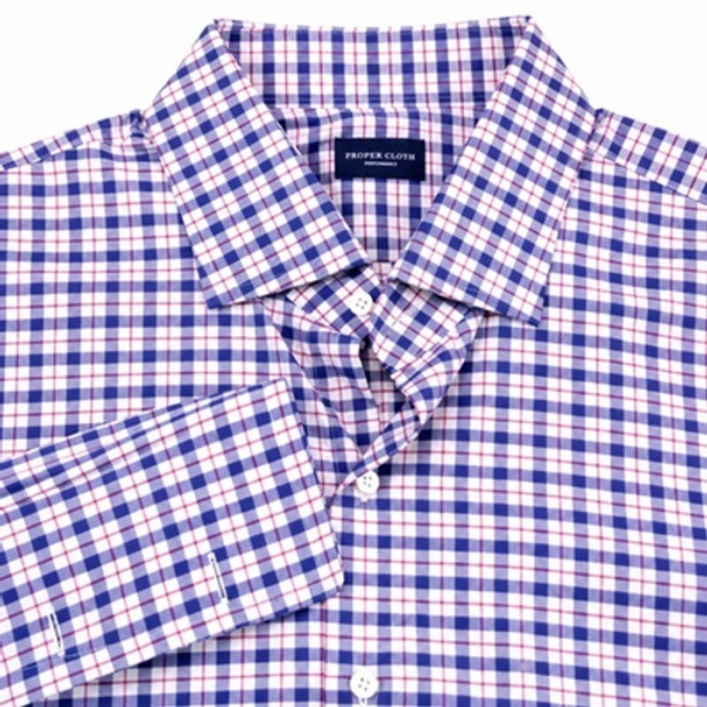 Proper Cloth Mens 17.5 Blue Check French Cuff Stretch Dress Shirt